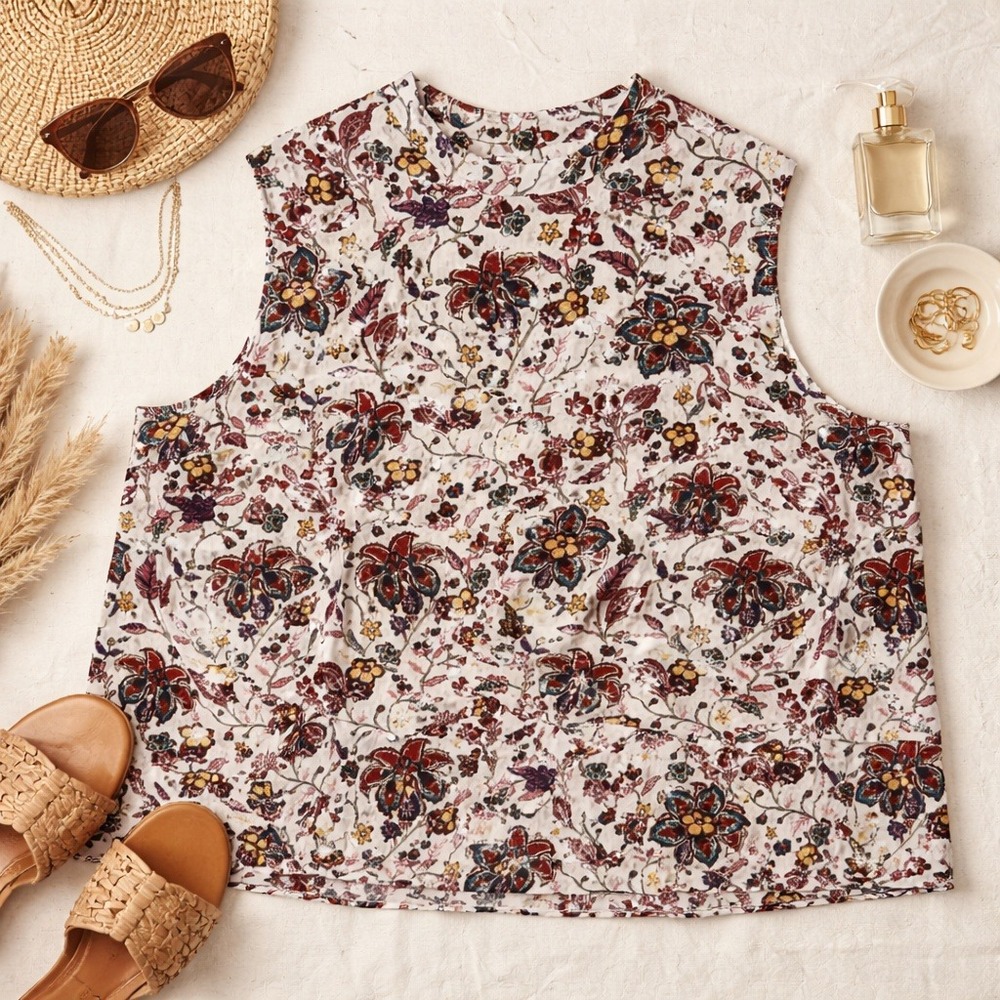 J Jill 4X Shirt Top Tank Cream Red Blue Floral Boho High Neck‎ Long Tunic